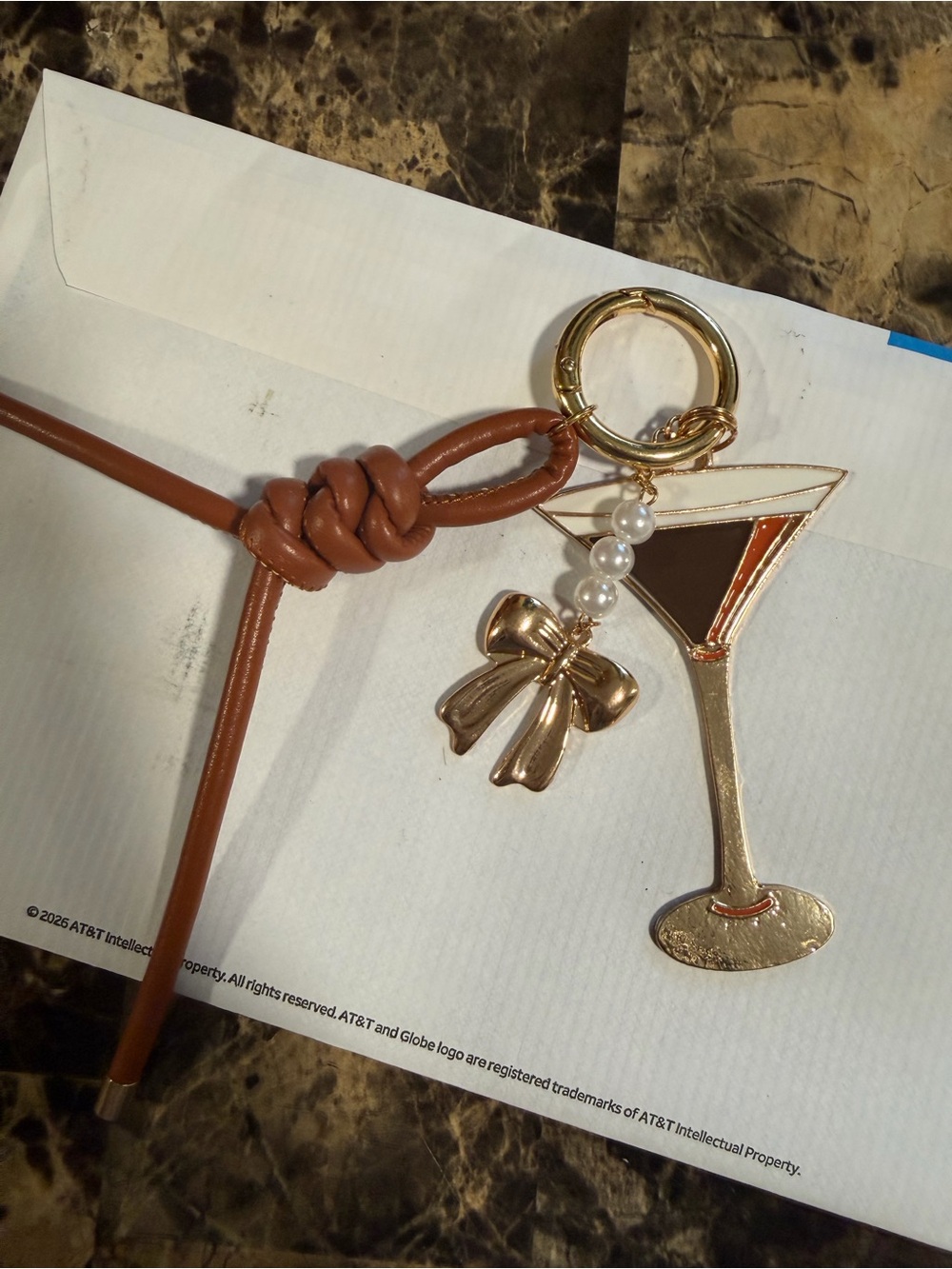 Gold Martini Charm Keychain with Brown Strap